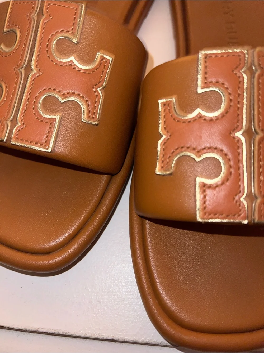 Tory Burch Tan Leather Logo Slide Sandals